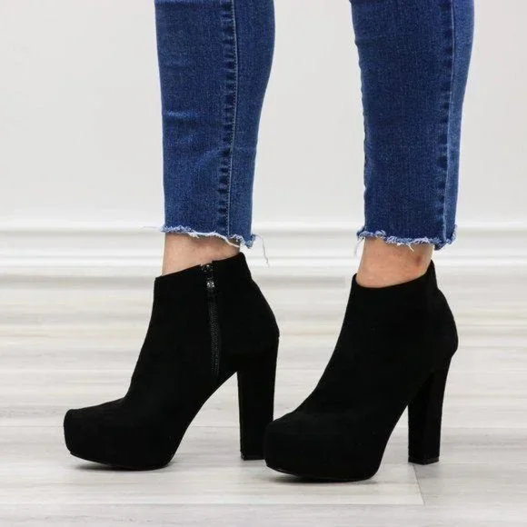 Platform Black Suede Ankle Heeled Booties - Picture 3 of 12